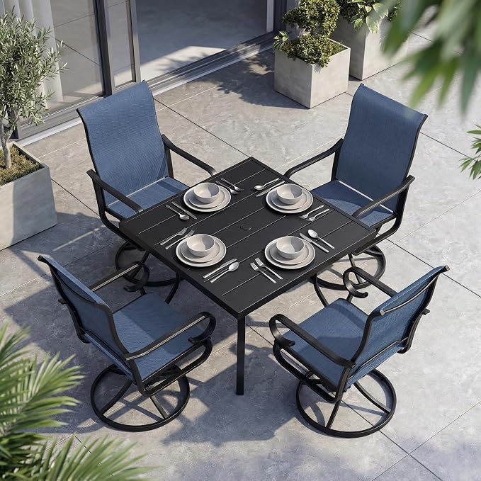 NUU GARDEN 5-Piece Outdoor Dining Set, Metal Swivel Chairs for 4 | All-weather blue patio furniture set for 4. Breathable textilene swivel rockers. Metal table with umbrella hole