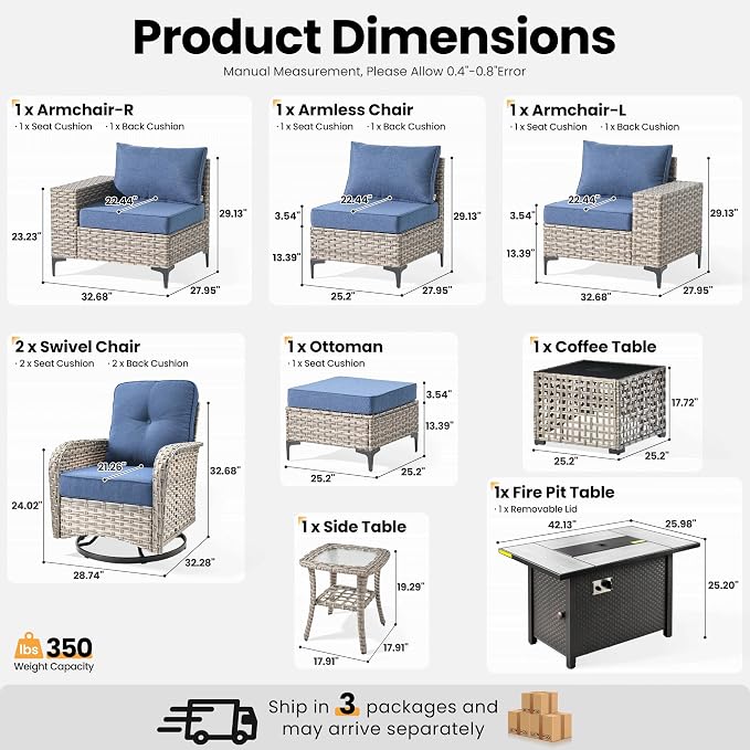 ovios 9-Piece Patio Furniture Set with L-Shape Sofa Chaise, Outdoor Sectional Couch Swivel Gliders Fire Pit Table Solar Table, Modern Modular Wicker Rattan Conversation Set, Denim Blue