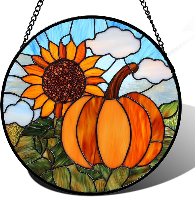 DASTOLL Stained Glass Window Hanging Fall Farm Scenery Sunflower Pumpkin Large 15" - Suncatcher Door Garden Kitchen Sunroom Sun Catcher Home Decor Birthday for Mom Grandma Men Woman