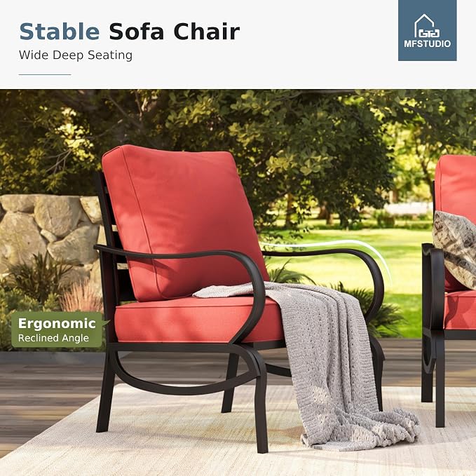 MFSTUDIO 4 Pieces Patio Conversation Set, 5 Seats Metal Patio Furniture Sets with 1 x 3-Seat Sofa, 2 Single Chairs,1 Coffee Table, All Weather Steel Patio Sets with 5.75inch Red Cushion for Garden
