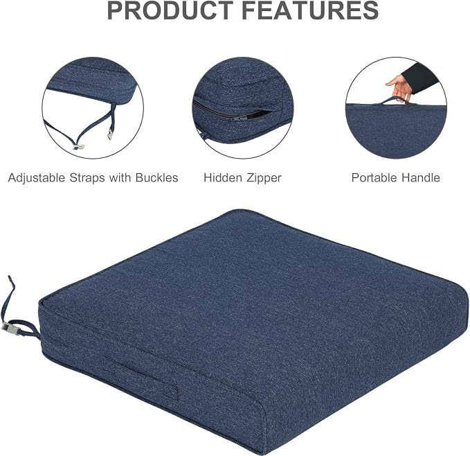 Aoodor Patio Chair Cushions Set of 2, 21 x 21 x 4 Inch Water Resistant Outdoor Seat Cushions with Handle and Ties, Square Corner Cushions for Patio Furniture Garden Lawn, Navy Blue