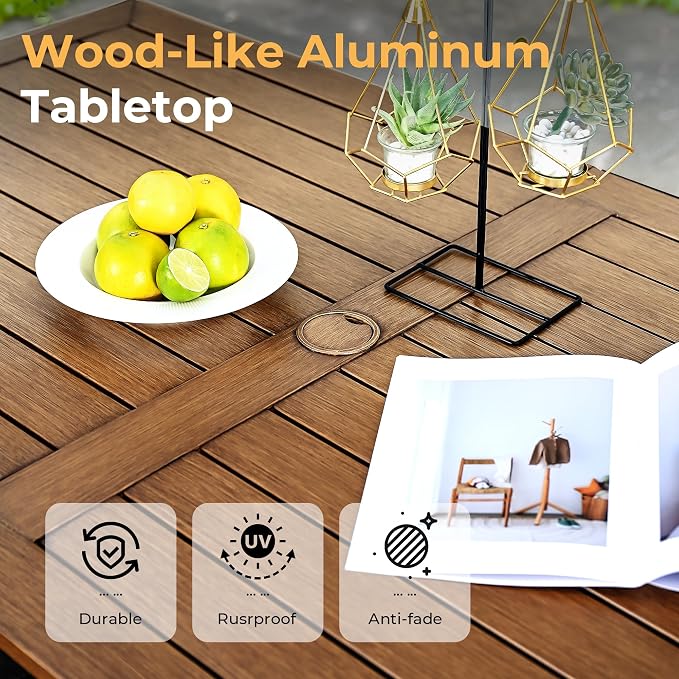 HAPPATIO Outdoor Dining Set, 7-Piece Patio Aluminum Dining Set with Wood-Like Hand-Painted Finish, 6 Swivel Rockers with Waterproof Cushions, Easy Assembly for Backyard, Garden, Porch, Grey Cushion