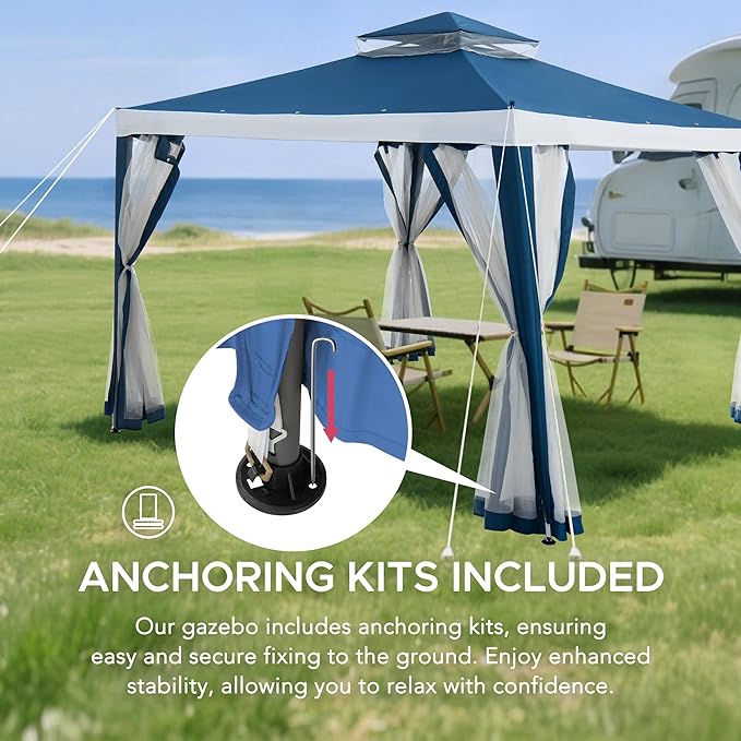 Sunjoy 10 x 10 ft. Soft Top Gazebo, Outdoor Patio Backyard Modern 2-Tier Steel Frame Gazebo with Mesh Netting - Navy Blue & White