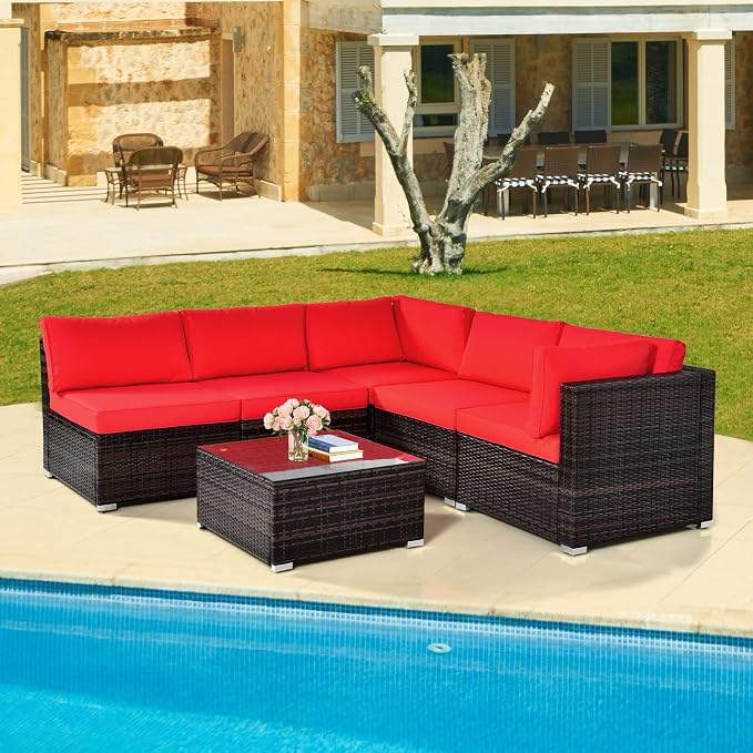 HAPPYGRILL 6 Pieces Outdoor Patio Furniture Set, PE Rattan Conversation Set with Tempered Glass Coffee Table and Cozy Cushions, Weather Resistant Sectional Sofa Set, Red