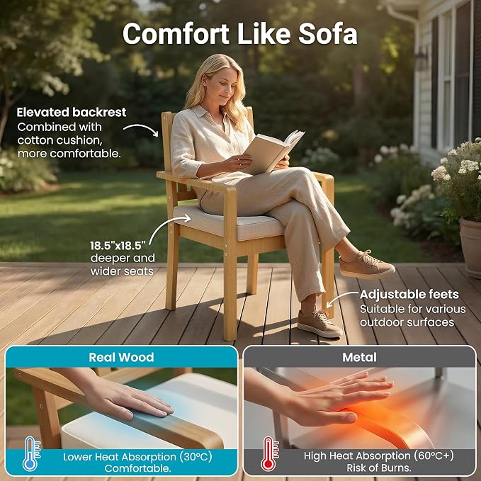 FansaFurn 5 Pieces Acacia Outdoor Patio Table and Chairs Set for All-Weather, Outside Furniture with Table Umbrella Hole and Removable Cushion for 4, Outdoor Patio Furniture Set for Garden, Brown