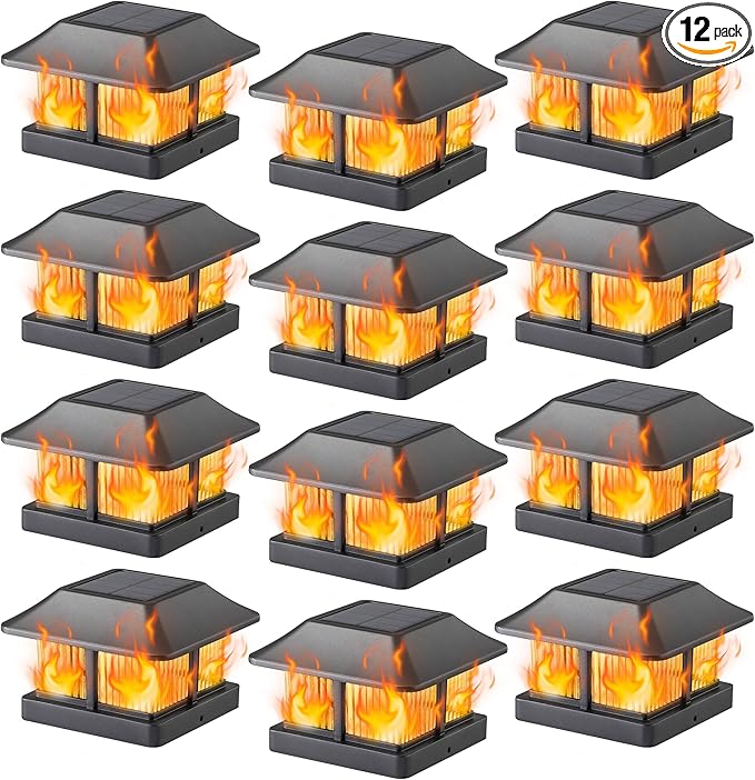 Dynaming 4x4 Solar Flame Post Cap Lights Outdoor, Solar Powered Fence Post Light, Flickering Flame LED Lantern Lamps Waterproof for Garden Deck Patio, Fit Wooden/Vinyl Posts, 12 Pack