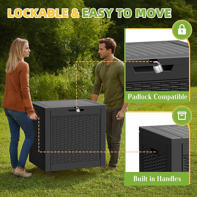 31 Gallon Waterproof Resin Deck Box, UV Resistant Outdoor Storage for Garden, Patio, Porch, Delivery（Black，31 Gallon）