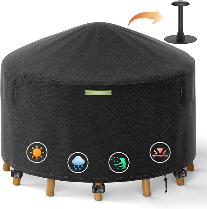 96 Inch Round Patio Furniture Covers with Support Pole, 800D Heavy Duty Waterproof Tear-Resistant Polyester Round Outdoor Table Cover