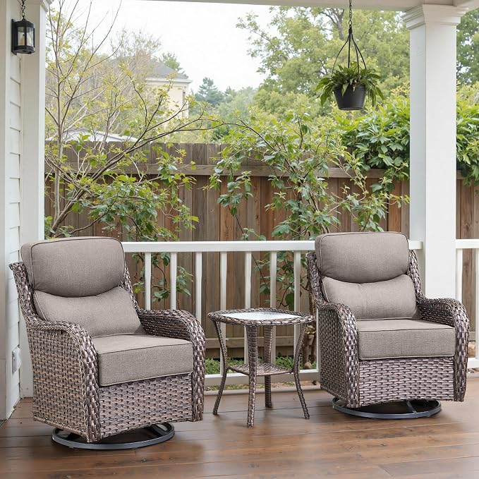 Swivel Patio Chairs Set of 3 with 6" Thick Cushion - Wicker Outdoor Swivel Rocker Patio Chairs with Side Table, High Back Comfortable Outdoor Glider Chair - Brown Wicker | Grey Cushions