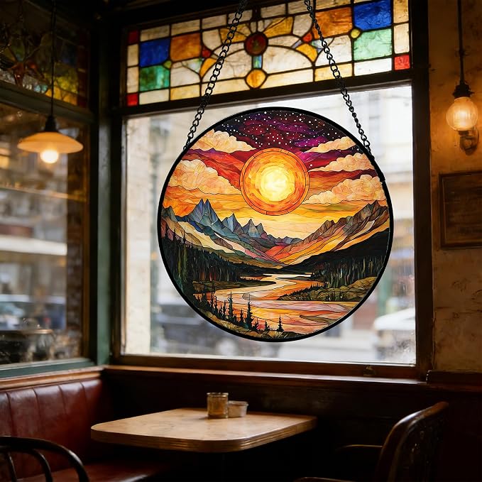 DASTOLL Stained Glass Window Hanging, Dusk Sunset Landscape Sun Catchers Glass Panel Lakes and Mountains Suncatcher Decor for Birthday for Women, Men, Wife, Aunt, and Mom 14.9 in