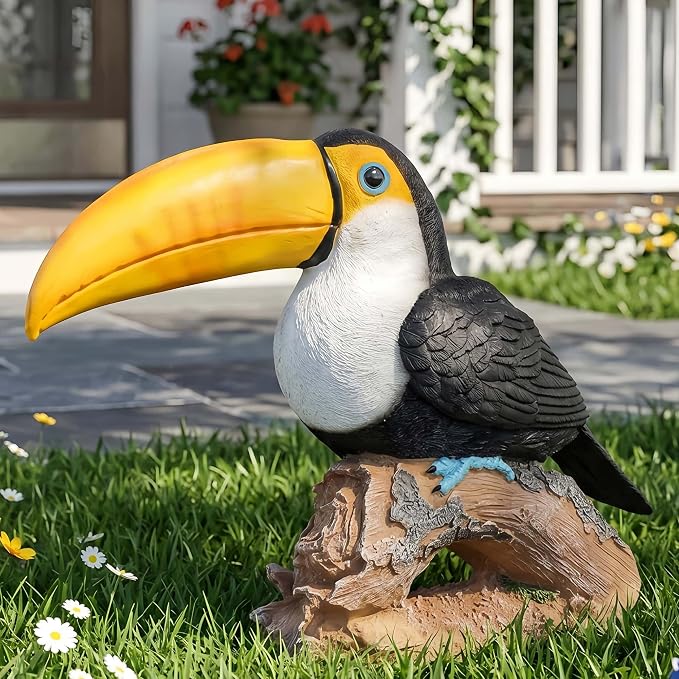14.2" Real Toucan Statue,Colorful Outdoor Bird Decor Sculpture - Bird Outdoor Animal Ornament, Tropical Tiki Bar Decor, Waterproof & Weather-Resistant, Perfect for Garden, Patio, Yard (Red)