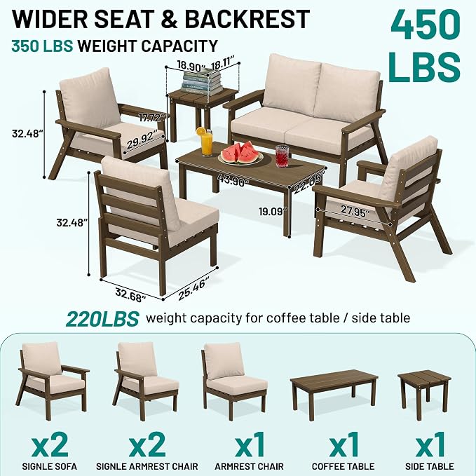 PLUUV 4-Piece HDPE Patio Sofa Set, All-Weather Outdoor Sectional Furniture with Thick Cushions, Modular Couch Set for Deck, Lawn, Brown Frame with Khaki Cushion