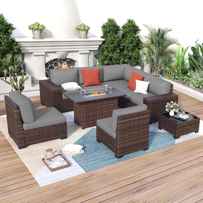 Patio Furniture with Fire Pit Table,8‘’ Wide armrest Outdoor Sectional Rattan Sofa Set, Wicker Patio Furniture Sets w/Coffee Table,Thick Cushions and Cover for Porch, Deck, 9 PC (Brown&Grey)