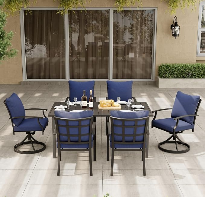 HAPPATIO 7-Piece Patio Dining Set, Outdoor Dining Set with Powder-Coated Metal,Dining Table with Umbrella Hole, 4 Stackable and 2 Swivel Chairs with Removable Cushions for Porch Pool Garden, Navy Blue