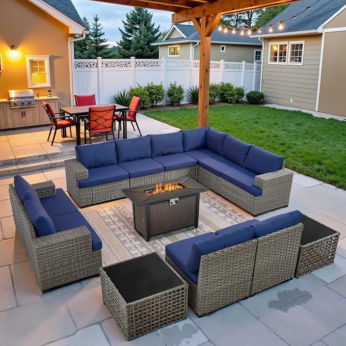 Belord Patio Conversation Set - 10-Seater Modular Wicker Outdoor Sectional Sofa Set, High Back Patio Furniture Sets with Glass Coffee Table for Outdoor Gatherings