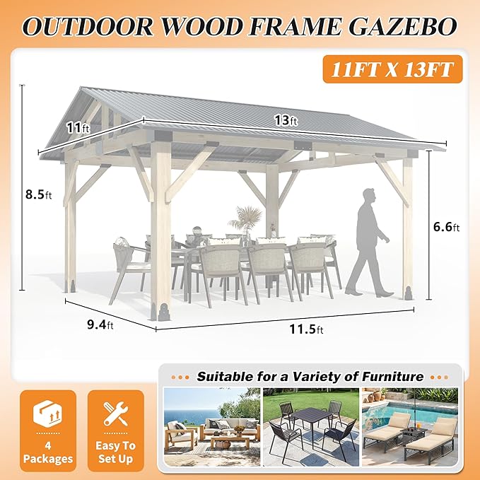 COVERONICS 11’x13’ Outdoor Outdoor Wood Gazebo - Patio Gazebos with Galvanized Steel Roof, Cedar Wooden Gazebo for Garden, Patio and Deck