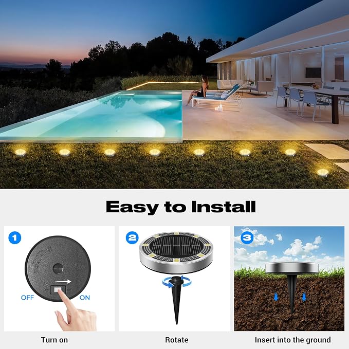 Solar Ground Lights Outdoor, 8 Pack Flat Solar Powered Disc Lights, IP68 Waterproof, Anti-Rust, Landscape Lighting for Pathway Garden Yard Lawn Walkway Landscape Driveway, Mini, Warm White