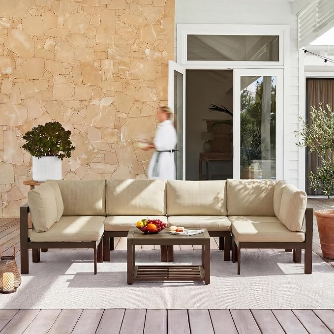 7 Pcs Metal Aluminum Patio Furniture Set Adjustable Corner Sofa with Coffee Table Outdoor Luxury Conversation Sofa Set
