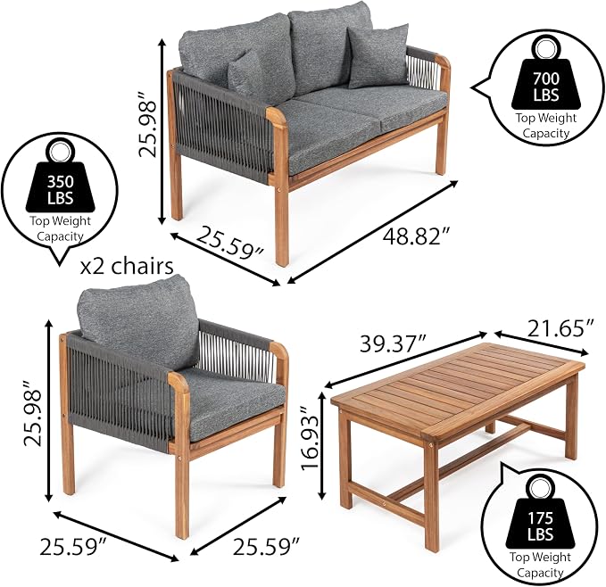 JONATHAN Y Tavira Coastal 4-Piece Teak Brown Acacia Wood Outdoor Patio Set, Woven Rope Conversation Furniture with Coffee Table and Removable Gray Cushions for Backyard, Garden, Porch LVG1202C-4SET