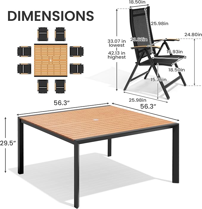 9-Piece Patio Dining Set, 56" Square Outdoor Table with Recliner Chairs | Aluminum Frame Adjustable Back& WPC Tabletop with Umbrella Hole for Garden Backyard Porch, Brown