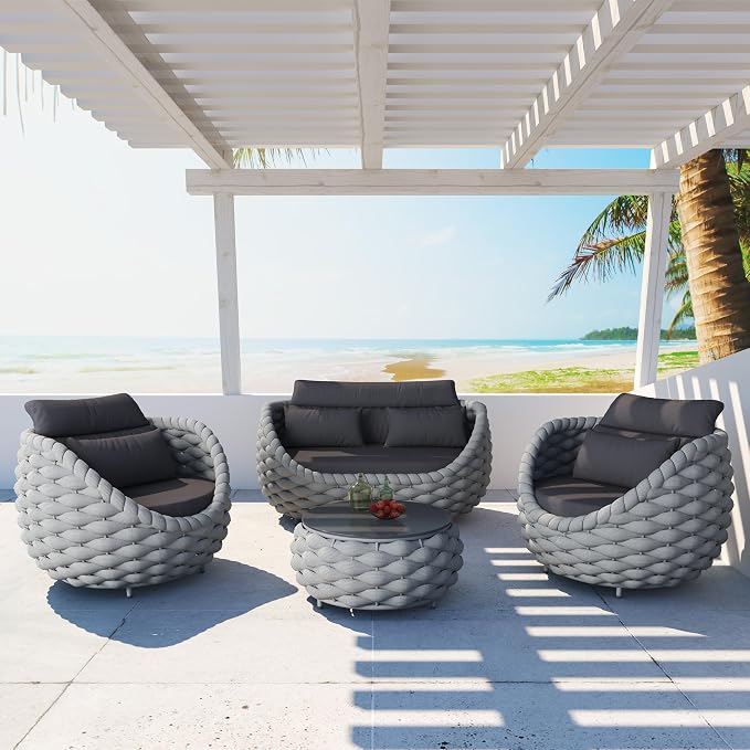 Aluminum Patio Furniture Set: 4 Pieces Woven Rope Outdoor Conversation Sofa Set Assembled - Modern Cushioned Armchair Couch Set for 660lbs Porch Deck Backyard Poolside Garden Drawing Room Hotel