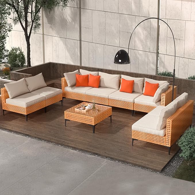 9 Piece Outdoor Patio Furniture Set Modular Outdoor Furniture Set Wicker Outdoor Sectional Sofa with Table Patio Set for Balcony Porch Deck Yard (Salmon&Orange Wicker, Sand Cushion)