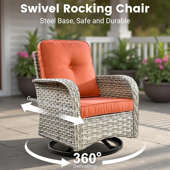 Outdoor Sectional Patio Furniture Set with Fire Pit Table,11 Pieces Rattan Wicker Conversation Sets L Shaped Couch,Out Door Furniture with Swivel Chairs Glowing Coffee Table,Orange Red