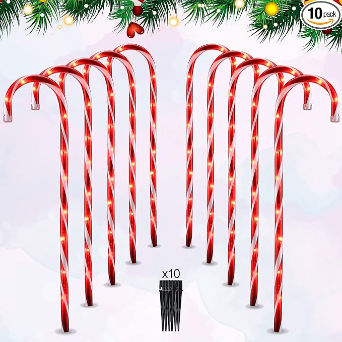 VCOKEN 30'' Christmas Candy Cane Pathway Markers Lights - Set of 10 Christmas Stakes Lights Outdoor Pathway Decorations, Connectable & Light Up Xmas Holiday Party Yard Art Indoor Outdoor Ornament