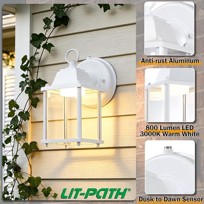 Outdoor Wall Light Fixture Dusk to Dawn, Rustproof Aluminum, LED | Exterior Porch Light Wall Sconce Lantern for House, Patio, Garage, Waterproof, Glass, 9.5W 800 Lumen, 3000K, White, 2 Pack