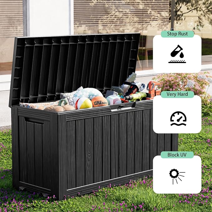 Vixzen 90 Gallon Deck Boxes Outdoor Waterproof, Lockable Resin Storage Box with lid for Furniture Cushions, Weatherproof Containers Outside Storage Boxes for Garden Patio Pool Tools(Black, 90 Gallon)