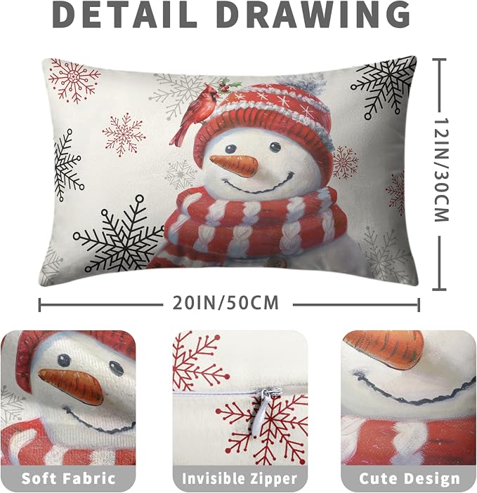 Snowman Lumbar Pillow Covers 12x20 Set of 2 Red Snowman with Cardinal Bird Snowflake Rectangle Cushion Case Christmas Winter Holiday Throw Pillowcases for Living Room Bedroom Sofa