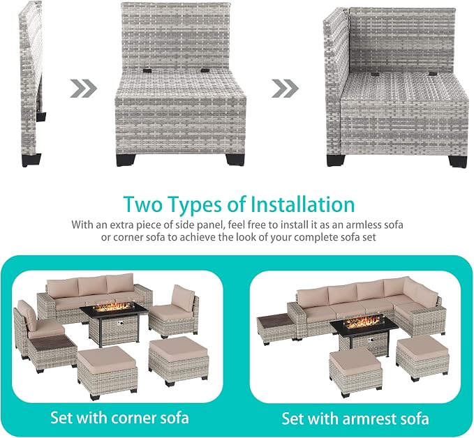 9-Piece Outdoor Patio Furniture Set with 55,000 BTU Fire Pit Table, PE Wicker Rattan Sectional Sofa Patio Conversation Set with Ottomans & Coffee Table, Sand