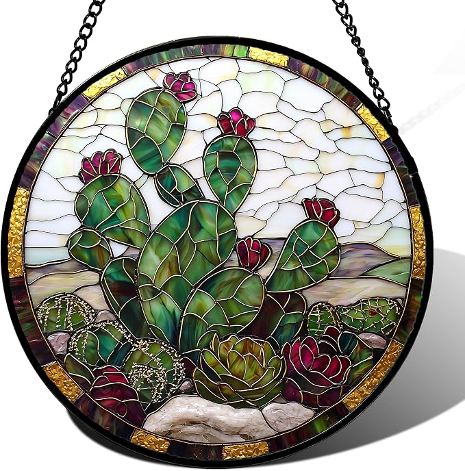 DASTOLL Stained Glass Window Hanging,Green Cactus Purple Flowers Suncatcher Diamond Glass Panel Sun Catchers Decor for Birthday for Women, Men, Wife, Aunt, and Mom 14.9x14.9 in