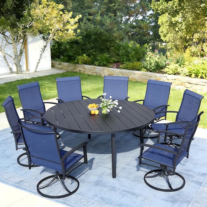 9 Piece Patio Dining Set - Round Patio Table & 8 Swivel Rocking Patio Chairs, Outdoor Patio Furniture with Textilene Fabric High Back Chairs for 8 Person, Blue