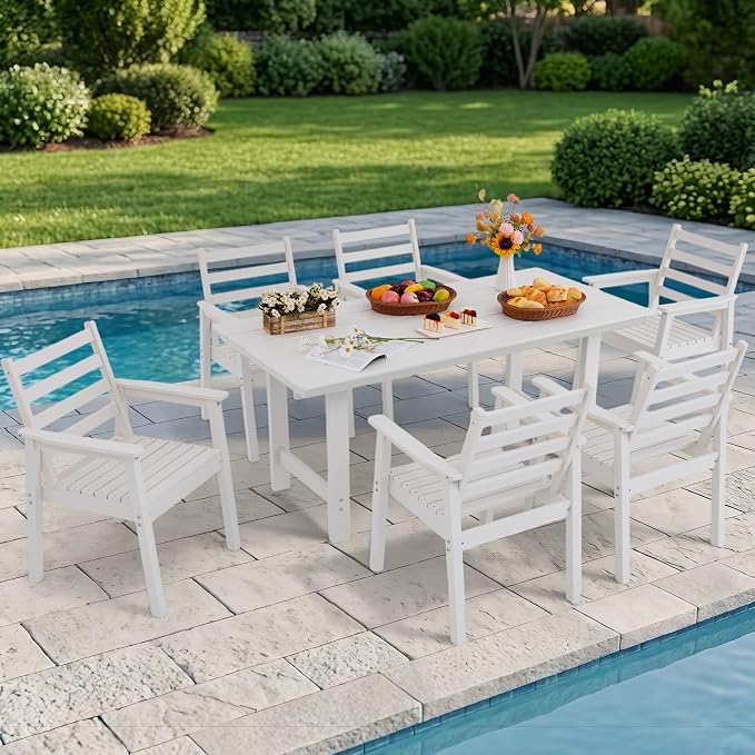 7-Piece Outdoor Dining Set, All-Weather HDPE Patio Furniture, 66.5" Slatted Table with 1.6" Umbrella Hole & 6 Ergonomic Armchairs, Heavy Duty 350lbs Capacity, UV Resistant, White