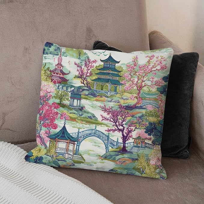 Cushion Cases Chinoiserie Pagoda White Coral Blue Asian Pillowcase Abstract Chinoiserie Chic Asian Pillow Cover Accent Decorative Cushion Covers Home Decor for Patio Garden Chairs 22x22 in