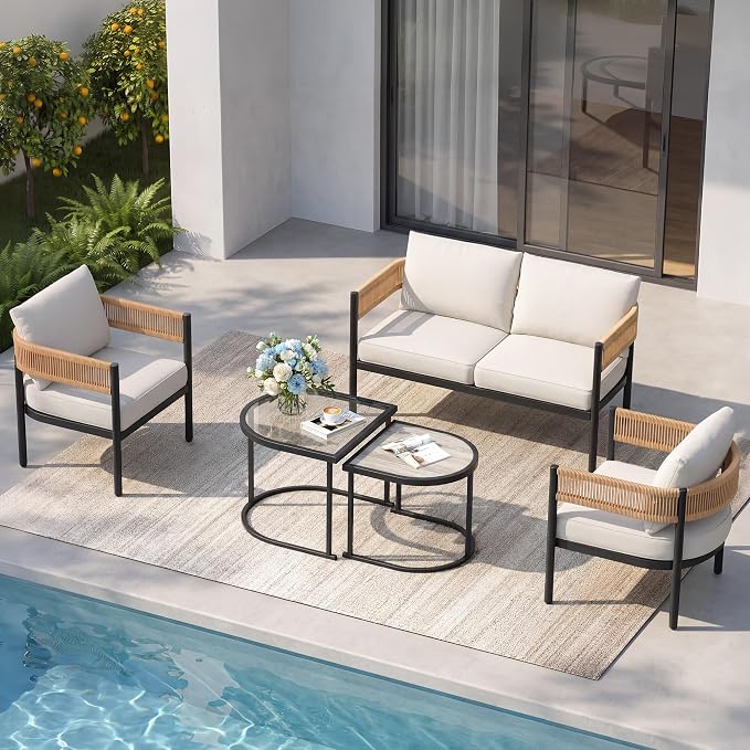 Grand patio 5-Piece Outdoor Furniture Set with Thick Cushions and Coffee Table, Wicker Sofa Conversation Set for Backyard, Natural