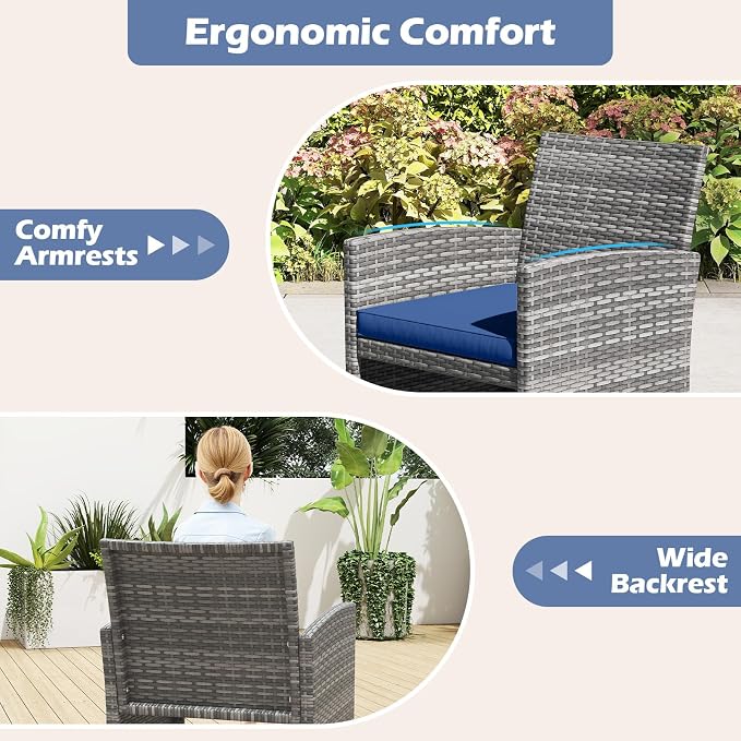 RELAX4LIFE 4-Piece Patio Furniture Set - Wicker Rattan Outdoor Sectional Sofa Set w/Glass Coffee Table, Loveseat, 2 Single Chairs & Soft Cushions, Bistro Conversation for Garden Porch (1, Navy)