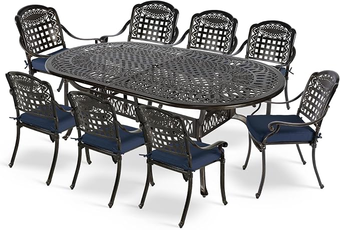 MEETWARM 9-Piece Outdoor Furniture Dining Set, All Weather Cast Aluminum Patio Garden Set with 8 Chairs, 8 Cushions, 1 Oval Table, 2" Umbrella Hole, Dark Bronze, Navy Blue