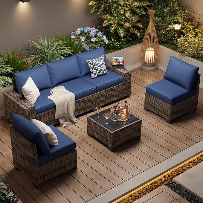Aoxun 6-Piece Patio Sectional Sofa with 4" Thicken Cushion, Widen Armrests Wicker with Coffee Table for Backyard & Garden, Navy Blue
