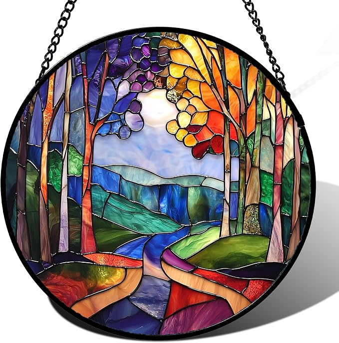 DASTOLL Stained Glass Window Hanging, Colorful Forest Landscape Tree Suncatcher for Doors Window Home Abstract Sun Catchers Decoration Mother's Day Birthday Gifts for Women, Men, and Mom 11.8 in