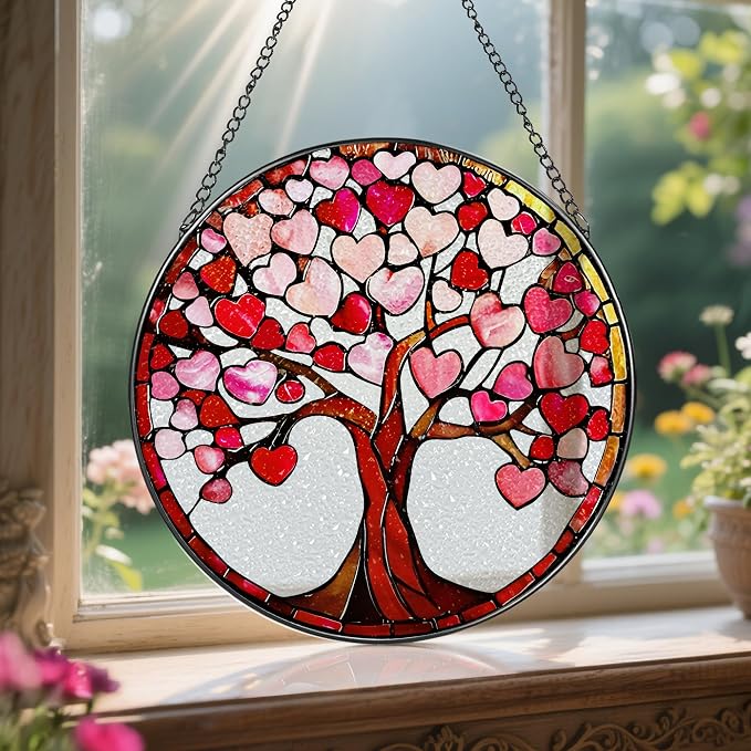 8'' Love Heart Tree Sun Catcher - Stained Glass Window Hanging, Suncatcher for Window Doors Home Decor | Christmas, Birthday, Mother's Day, Valentine's Day Gifts for Her, Girlfriend, Wife, Mom, Friend
