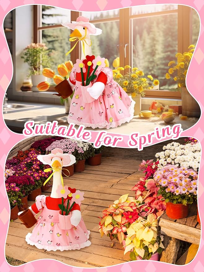Outus Gardener Goose Outfits Set Includes Lace Pink Apron Sun Hat Small Flower Pot and a Tiny Watering Can Funny Goose Porch Clothing for Spring Outdoor Garden Yard Patio Lawn Statue