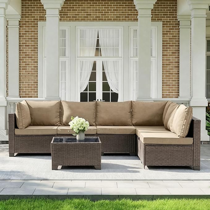 MOCHITO 7 Pcs Outdoor Patio Furniture Sets Brown Rattan Khaki Cushions | All-Weather Sectional Sofa, with Glass Table, PE Rattan Wicker Patio Furniture , Washable Cushions, for Balcony Porch Garden