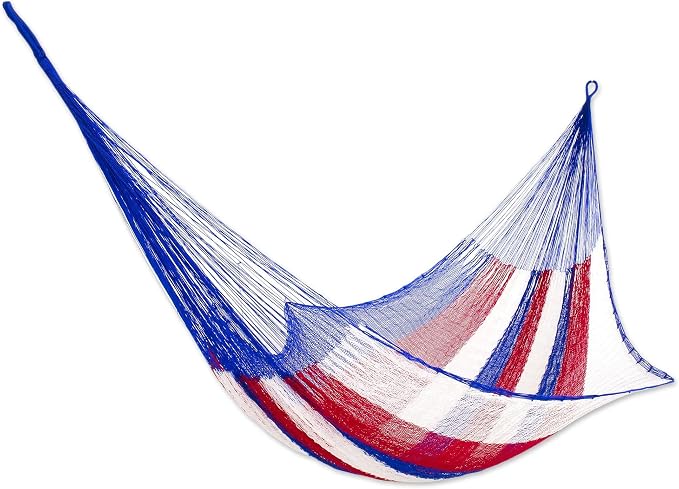 NOVICA Red White and Blue Striped Hand Woven Nylon Mayan 1 Person Patriotic Rope Hammock with Hanging Accessories, 'Patriotic' (Single)