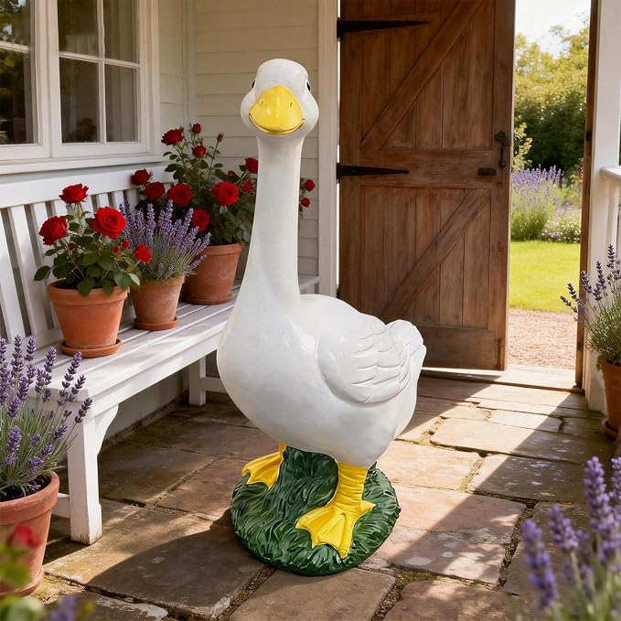Porch Goose Statue Garden Décor - Large Porch Goose Statues, Lawn Goose Sculpture, 20″ Porch Duck Decoration Resin Material Figurine, Indoor Outdoor Lawn Yard Decor, Unique Housewarming Gifts (White)