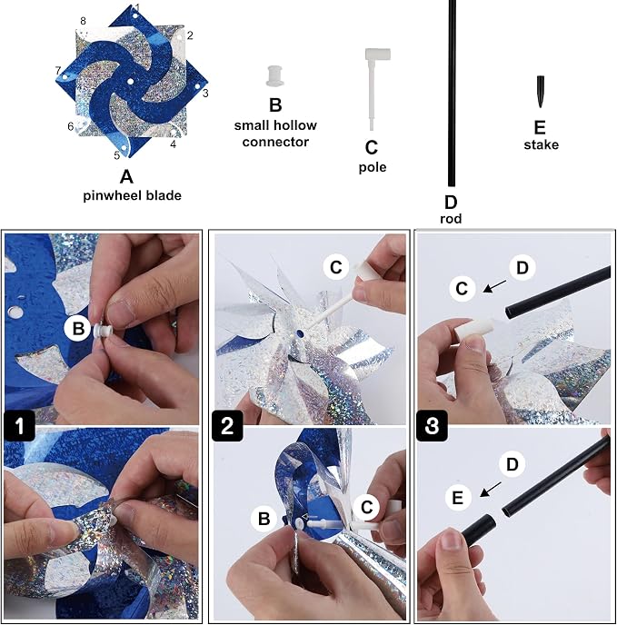 Hausse 10 Pack Reflective Pinwheels with Stakes (Assembly Required), Extra Sparkly Pin Wheel for Garden Decor, Bird Repellent Devices Deterrent to Scare Birds Away from Yard Patio Farm, Blue & Sliver