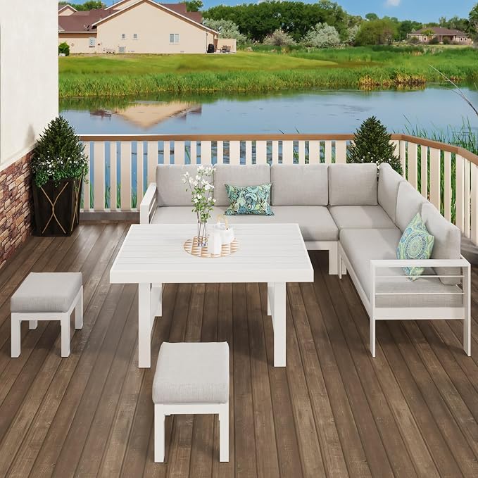Solaste Aluminum Patio Furniture Set, Metal Patio Sectional Sofa with 2 Ottomans and Imitation Wood Tabletop Dining Table, Modern Outdoor Furniture Couch with Water-Resistant Cushion, White