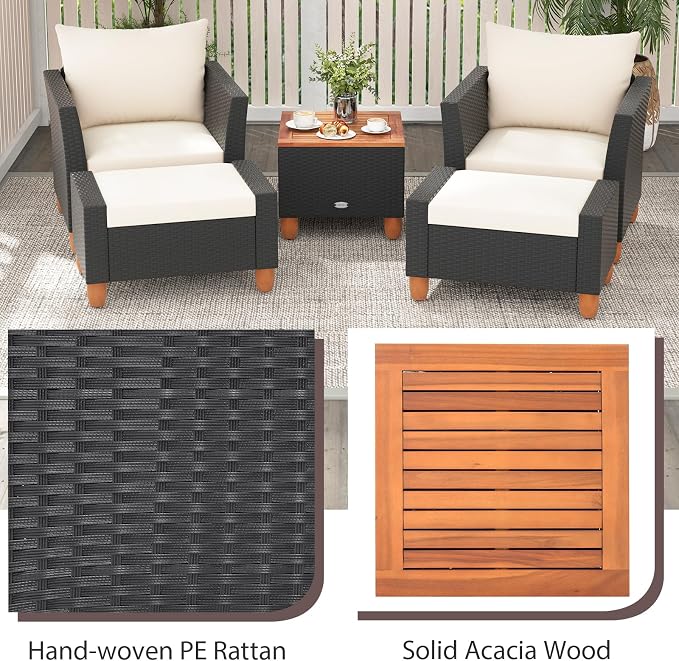 Tangkula 5 Pieces Patio Furniture Set, PE Rattan Chairs with Storage Table, Ottomans, Soft Pillows & Cushions, Acacia Wood Tabletop & Legs, Outdoor Conversation Set for Porch, Garden (White)