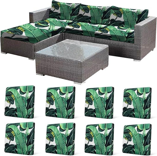 CALBODE 8 Pcs Stretch Outdoor Seat Cushion Covers, Washable Chair Seat Cover for Patio Furniture Cushions Soft Indoor and Outdoor Couch Cover Replacement (Monstera, Cover Only)